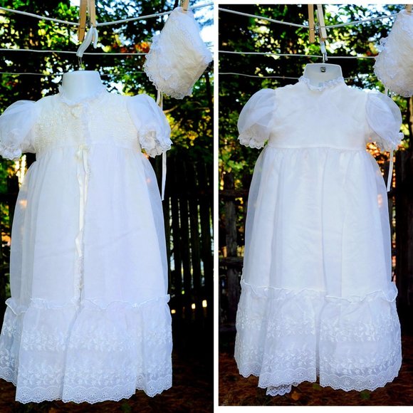 Vintage Other - VTG Ivory Christening Baptismal 4-Piece Outfit Gown/Set 0-6M